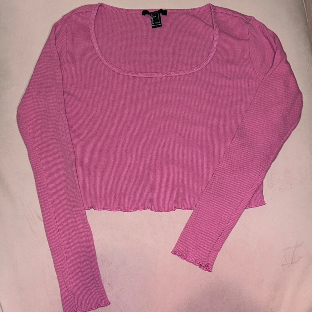 Forever 21 Pink Ribbed Scoop Neck Long Sleeve Crop Top